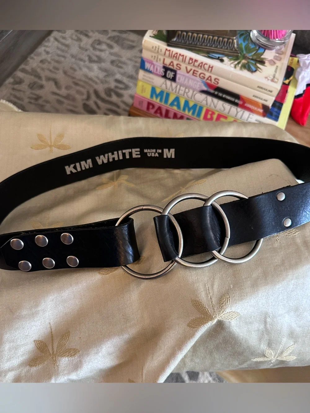 Kim White Black Leather w/ Silver Triple Ring Snap Buckle Belt.
